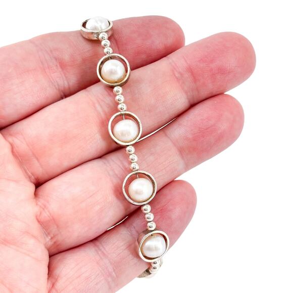 Vintage Sterling Silver 925 Pearl Link Bracelet w/ Bent Toggle Bar 7.5” - Picture 1 of 5